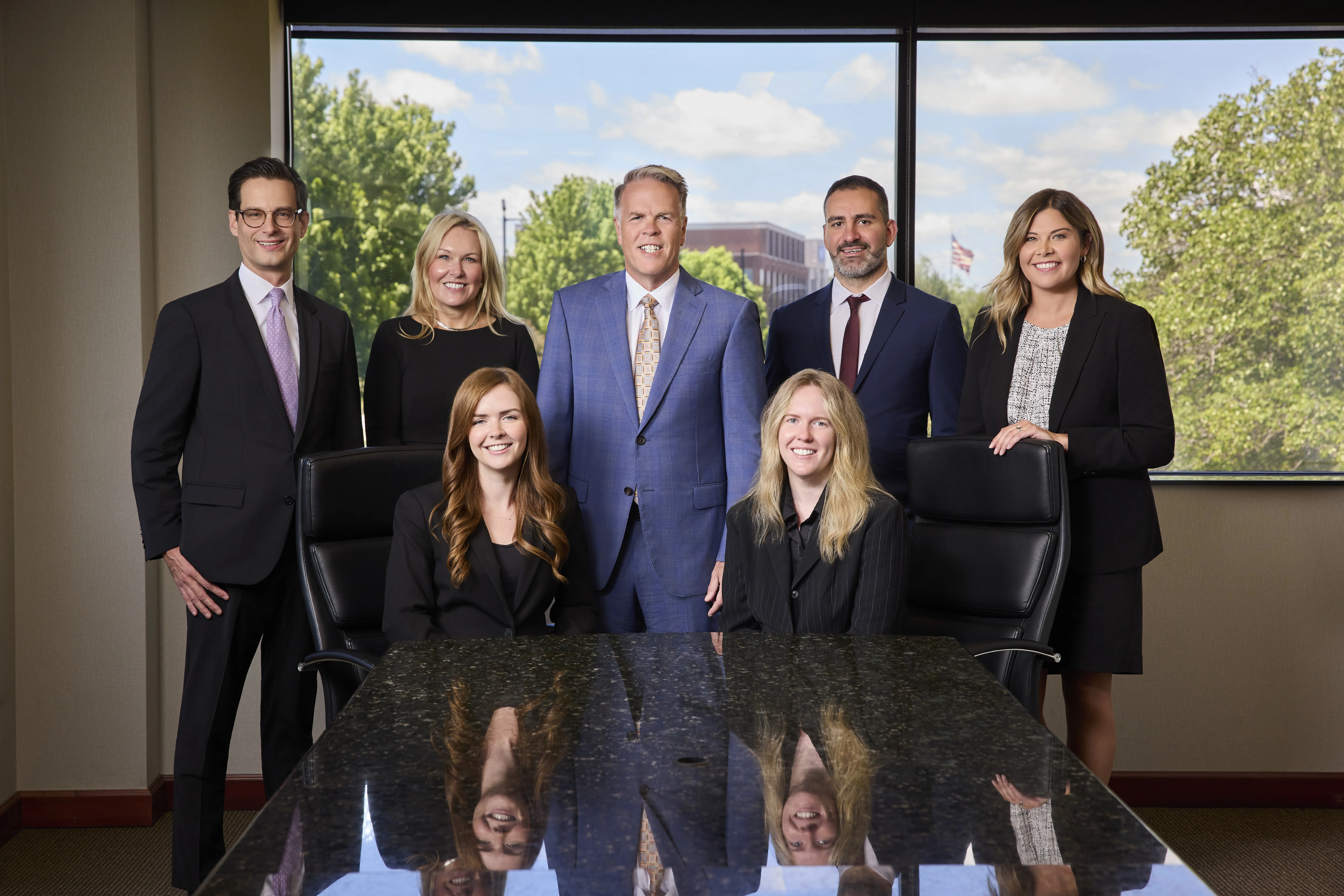 Shea Law attorneys recognized as Michigan Top 100 by Super Lawyers. Left to right: Andrew J. Grabowski, Lisa M. Valencia, Sarah K. Shea, David J. Shea, Ashley D. Shea, Danial I. Burbar, and Allison L. Stevens.